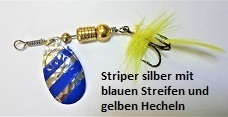Ma-So-Ca Spinner " Striper" silber mit blauen Strichen ham. und gelben Hecheln